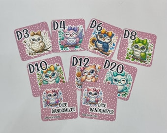 Cute Owl Dice Randomizer Cards, D3 D4 D6 D8 D10 D12 D20, savings challenges, dice randomization