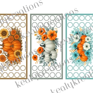 May include: Three rectangular designs with autumnal illustrations. One features orange pumpkins and sunflowers, another has white pumpkins and orange flowers, and the last has orange pumpkins and blue flowers. Each design has a series of circles at the top and bottom.