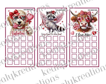 Könnte beinhalten: Drei Valentinstagskarten mit Zeichentricktieren. Ein Hund mit herzförmiger Brille und einem Lutscher, Text lautet "MY DOG IS Valentine". Ein Waschbär mit Engelsflügeln und einer Schleife, Text lautet "Sorry Cupid I've been feral". Eine Kuh mit herzförmiger Brille und einer Zuckerstange, Text lautet "I love Moo".