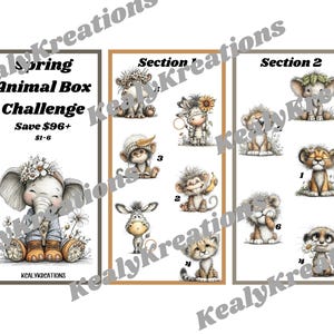 May include: A promotional graphic for a Spring Animal Box Challenge, featuring illustrations of various animals. The image includes an elephant, lion, zebra, and other cute animal characters. Text includes "Save $96+" and "$1-6".
