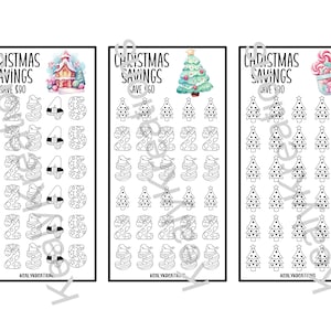 Puede incluir: Tres rastreadores de ahorro navideños con diferentes diseños. El primero tiene una ilustración de un pueblo navideño y el texto "SAVE 90$". El segundo tiene una ilustración de un árbol de Navidad y el texto "SAVE 60$". El tercero tiene una ilustración de caramelos y el texto "SAVE 30$".