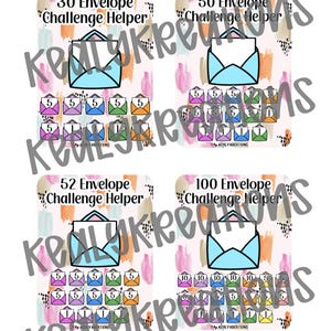 Op de afbeelding: Vier envelop challenge helpers met bedragen van 30, 50, 52 en 100. Elke kaart heeft een lichtblauwe envelopafbeelding en een raster van genummerde vakjes in verschillende kleuren. De achtergrond heeft een aquarelachtig ontwerp.