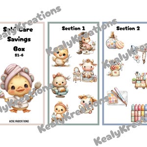 May include: A whimsical illustration featuring a "Self Care Savings Box" with various beauty-themed graphics. The image includes a duckling in a spa robe, and other cute animal characters with beauty products. The text "KealyKreations" is present.