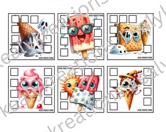Könnte beinhalten: Sechs farbenfrohe Illustrationen von anthropomorphen Eiswaffeln, Eis am Stiel und einem S'more. Jedes Design hat ein Raster aus leeren Quadraten, mit dem Text "KEALYKREATIONS" am unteren Rand.
