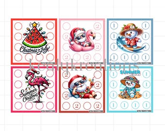 May include: Six colorful cards with summer and Christmas themes. Each card features a festive illustration, such as a snowman surfing, a flamingo with Christmas lights, and Santa Claus relaxing. The cards have a red or blue border and include the text "Christmas in July" and "Summer Christmas".