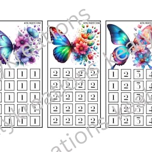 May include: Three rectangular designs featuring watercolor butterflies and floral accents. Each design has a different butterfly and color scheme, with a grid of numbers below. The text "KEALYKREATIONS" is at the top of each design.