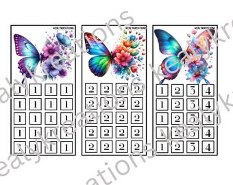 Könnte beinhalten: Drei rechteckige Designs mit Aquarell-Schmetterlingen und floralen Akzenten. Jedes Design hat einen anderen Schmetterling und ein anderes Farbschema, mit einem Raster von Zahlen darunter. Der Text "KEALYKREATIONS" befindet sich oben auf jedem Design.