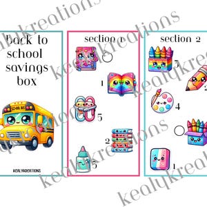May include: A colorful illustration of a back-to-school savings box. The design includes a yellow school bus, a stack of books, a pencil, crayons, a paintbrush, and a glue bottle. The text "back to school savings box" is also included.