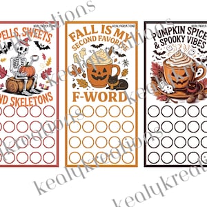 May include: Three Halloween-themed decorative signs with text and illustrations. The signs feature phrases like "Spells, Sweets, and Skeletons," "Fall is my second favorite F-word," and "Pumpkin Spice & Spooky Vibes." Each sign has a series of circles.