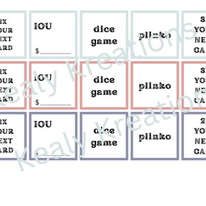 Pode incluir: Um conjunto de cartas de jogo com v&aacute;rios avisos de texto. As cartas est&atilde;o dispostas em uma grade, cada uma com uma borda colorida. O texto inclui "2X YOUR NEXT CARD", "IOU", "dice game" e "plinko".