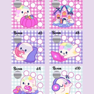 May include: A sheet of six colorful game cards featuring cartoon ghosts with rainbow accents. Each card has a different background pattern and a silver bonus scratch-off area. The cards are labeled with numbers and the word "Bonus".