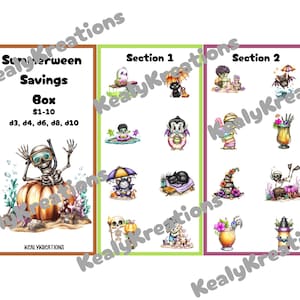 May include: A Summerween Savings Box display featuring a skeleton in a pumpkin with snorkeling gear, alongside two sections of colorful cartoon illustrations including ghosts, bats, vampires, and tropical drinks with spooky themes on a white background.