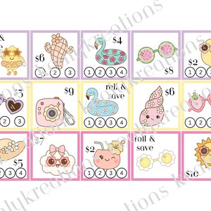 May include: A grid of fifteen rectangular savings challenge cards featuring pastel illustrations of summer items like flamingos, sunglasses, and fruit. Each card includes a dollar amount, the text roll & save, and numbered circles for tracking progress.
