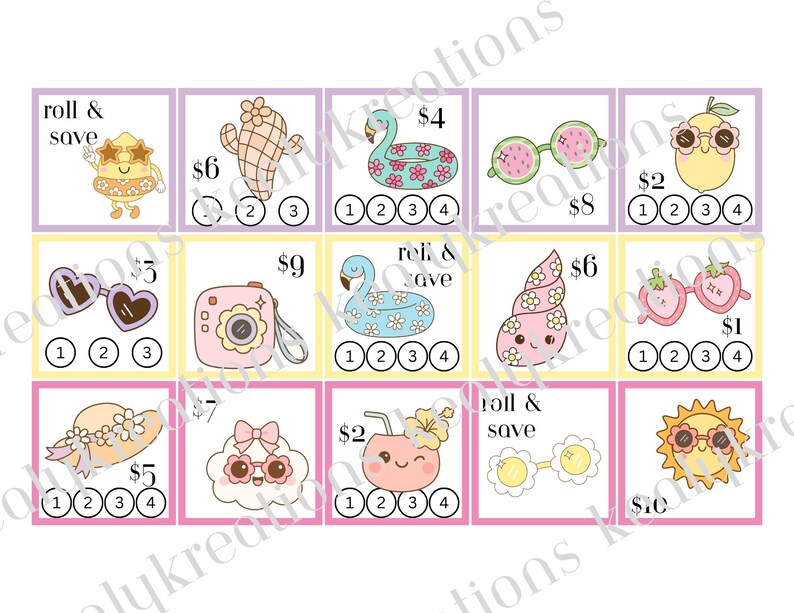 May include: A grid of fifteen rectangular savings challenge cards featuring pastel illustrations of summer items like flamingos, sunglasses, and fruit. Each card includes a dollar amount, the text roll & save, and numbered circles for tracking progress.