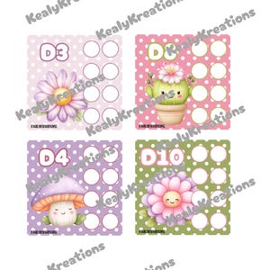 May include: Four colorful bingo cards featuring cute illustrations of a daisy, cactus, mushroom, and flower. Each card has a different number and a series of blank circles. The cards are set against polka dot backgrounds.