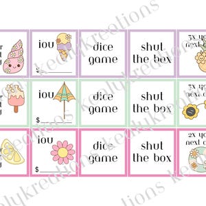 May include: A grid of fifteen rectangular game cards with pastel borders. Each card features black text including '2x your next card', 'iou', 'dice game', or 'shut the box'. Illustrations include a seashell, ice cream, pineapple, umbrella, flower, lemon, and sunglasses.