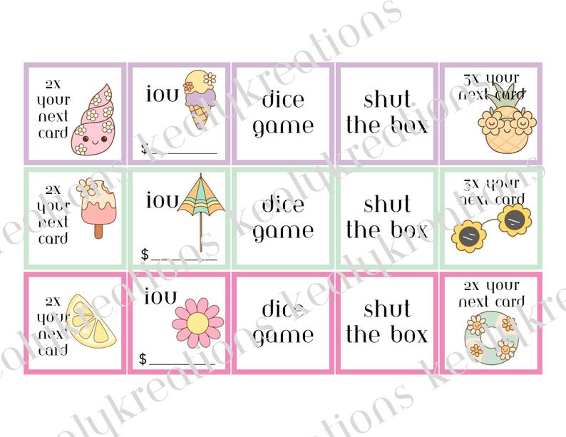 May include: A grid of fifteen rectangular game cards with pastel borders. Each card features black text including '2x your next card', 'iou', 'dice game', or 'shut the box'. Illustrations include a seashell, ice cream, pineapple, umbrella, flower, lemon, and sunglasses.