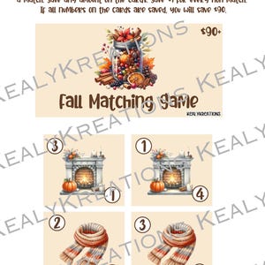 May include: Fall Matching Game with instructions. The game features a jar filled with autumn elements and four sets of matching cards. Each set includes a fireplace and a scarf, numbered 1-4.
