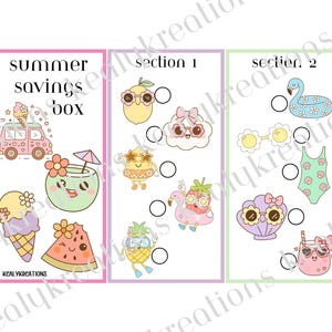 May include: A rectangular savings tracker sheet divided into three vertical panels with pink, purple, and green borders. The text reads summer savings box, section 1, and section 2. It features pastel illustrations of ice cream, a van, fruit, and beach items with circular checkboxes for tracking progress.