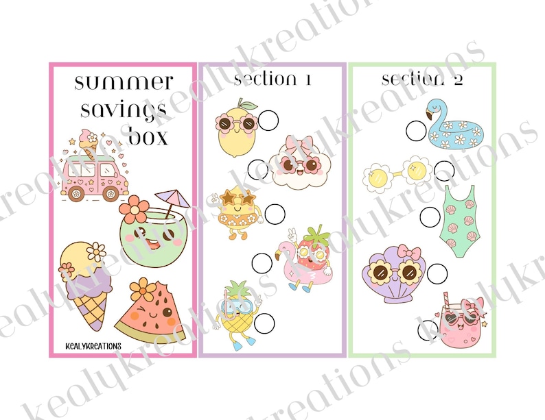 May include: A rectangular savings tracker sheet divided into three vertical panels with pink, purple, and green borders. The text reads summer savings box, section 1, and section 2. It features pastel illustrations of ice cream, a van, fruit, and beach items with circular checkboxes for tracking progress.