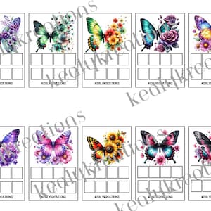 Puede incluir: Una colección de diez tarjetas con diseños de mariposas en acuarela en varios colores, incluyendo morado, azul, amarillo y rosa. Cada tarjeta tiene un espacio en blanco para texto y el texto "KEALYKREATIONS" en la parte inferior.