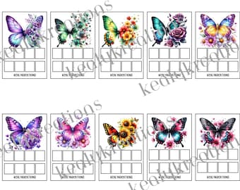 Könnte beinhalten: Zehn Karten mit Aquarell-Schmetterlingsillustrationen in Lila, Blau, Gelb und Rosa. Jede Karte hat einen leeren Bereich für Text und den Text "KEALYKREATIONS" am unteren Rand.