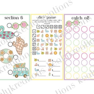 May include: A three-panel savings tracker sheet featuring a dice game and savings circles. The first panel shows a flamingo, cactus, flower, and van. The middle panel has a dice grid with icons and dollar lines. The third panel has rows of circles.