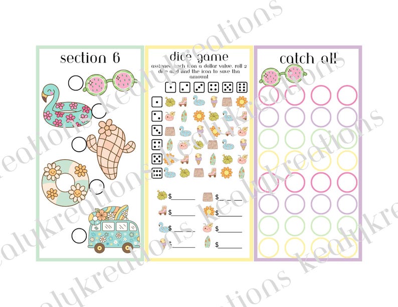 May include: A three-panel savings tracker sheet featuring a dice game and savings circles. The first panel shows a flamingo, cactus, flower, and van. The middle panel has a dice grid with icons and dollar lines. The third panel has rows of circles.