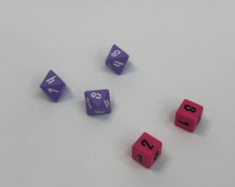 3d printed D4 and D3 dice, D6 1-3 repeated, D8 1-4 repeated