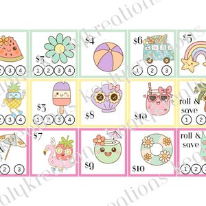 May include: A grid of fifteen rectangular cards featuring pastel summer illustrations including a watermelon, flower, beach ball, van, rainbow, pineapple, popsicle, seashell, drink, palm tree, umbrella, strawberry, coconut, float, and swimsuit with numbered circles.