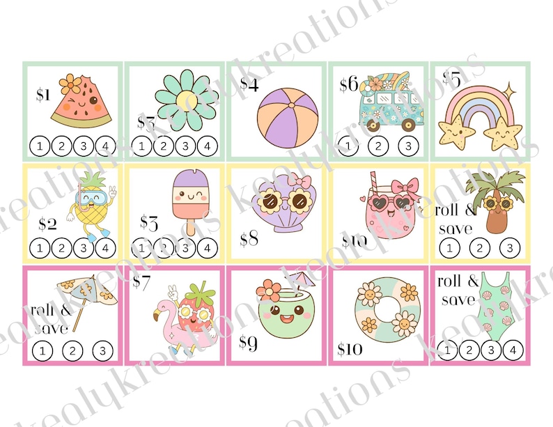 May include: A grid of fifteen rectangular cards featuring pastel summer illustrations including a watermelon, flower, beach ball, van, rainbow, pineapple, popsicle, seashell, drink, palm tree, umbrella, strawberry, coconut, float, and swimsuit with numbered circles.