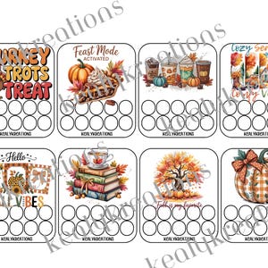 May include: A sheet of eight fall-themed reward charts. Each chart features a different design, including pumpkins, coffee, and autumn leaves. Text includes "Turkey Trots Treat", "Feast Mode Activated", and "Cozy Vibes".