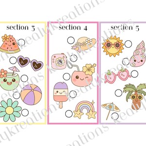 May include: A printable activity sheet divided into three sections labeled section 3, section 4, and section 5. Each section contains rows of cute, pastel-colored summer-themed illustrations including a watermelon, sunglasses, a drink, a beach ball, a flower, a hat, a camera, a popsicle, a rainbow, a sun, a seashell, and a palm tree, each paired with a small empty circle for checking off items.