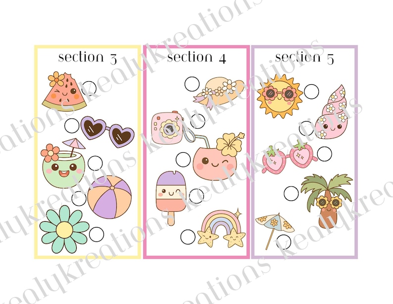 May include: A printable activity sheet divided into three sections labeled section 3, section 4, and section 5. Each section contains rows of cute, pastel-colored summer-themed illustrations including a watermelon, sunglasses, a drink, a beach ball, a flower, a hat, a camera, a popsicle, a rainbow, a sun, a seashell, and a palm tree, each paired with a small empty circle for checking off items.