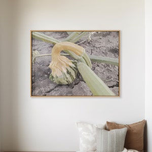 Op de afbeelding: Een houten bank met een lichtbruine afwerking staat in een hoek van een kamer. De bank heeft een kussen en een deken. Een ingelijst afdruk van een gele en groene pompoen met een wijnstok hangt aan de muur boven de bank.