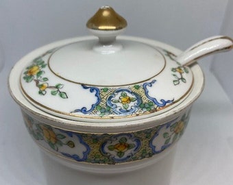 Rising Sun Nippon Condiment Bowl with Lid and Ladle, Gold Trim