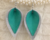 Marble White With Sea Green Leather Overlay Pinched Teardrop Earrings