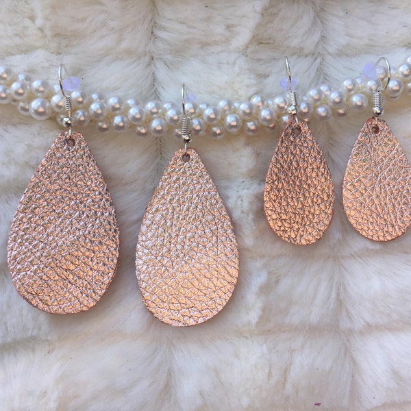 Metallic Rose Gold Genuine Leather Teardrop Earrings