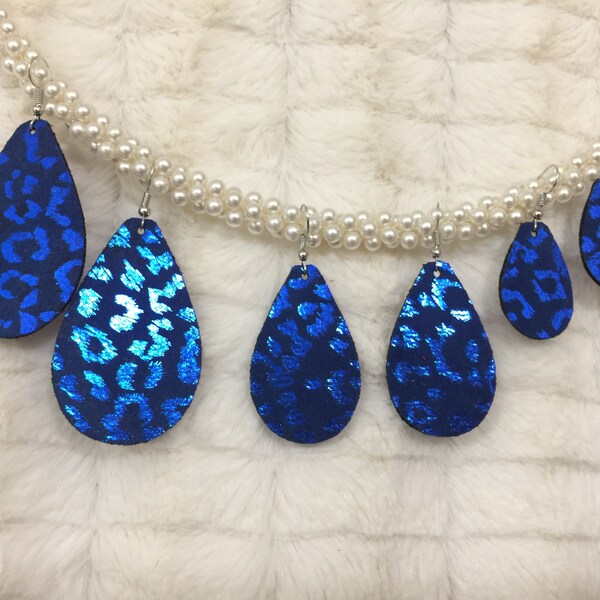 Metallic Blue Leopard Print Teardrop Earrings