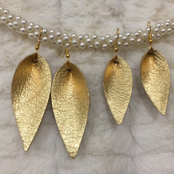 Metallic Gold Leather Pinched Leaf Earrings