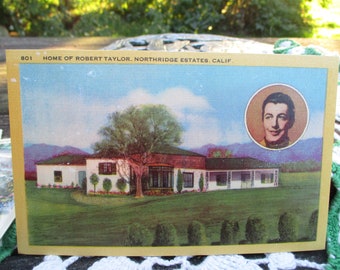 Northridge Estates, Calif.  Home of Robert Taylor. Vintage used linen paper postcard, Hollywood memorabilia.