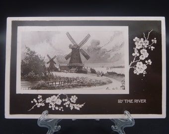 Vintage 1911 Postcard: River Windmills, Black & White Design