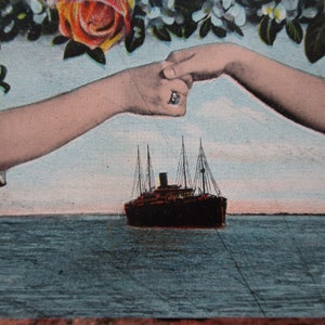 Hands Across The Sea, friendship, love, remembrance. Clasping hands across the ocean, Sailing Ship, Roses and forget-me-nots