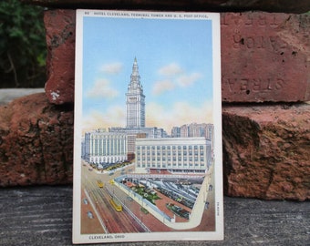 Cleveland, Ohio. Hotel Cleveland, Terminal Tower, and U.S. Post Office. linen paper post card, Curt Teich 1935