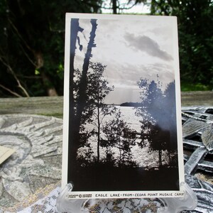 RPPC Cedar Point Muskie Camp view of Eagle Lake, 1930s, Kenora, Ontario.