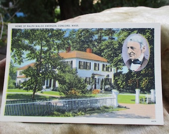 Concord, Mass. Home of Ralph Waldo Emerson.1940s linen paper Post Card