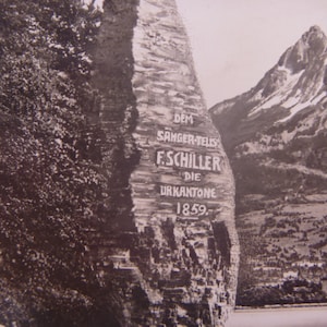 1955 Lake Lucerne Switzerland Postcard: Schillerstein mit Brunnen, Travel Ephemera