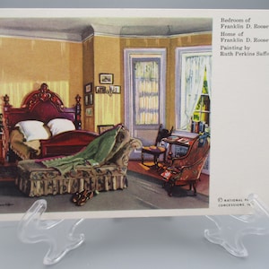 Vintage art post card, bedroom of Franklin D. Roosevelt, painting by Ruth Perkins Safford