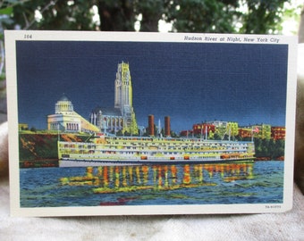 New York City, Hudson River at Night. Excursion steamer.  Linen era Curt Teich Post Card 1937, Postally unused