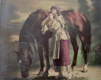 Antique Hand-Colored Postcard: Woman and Horse, Early 1900s